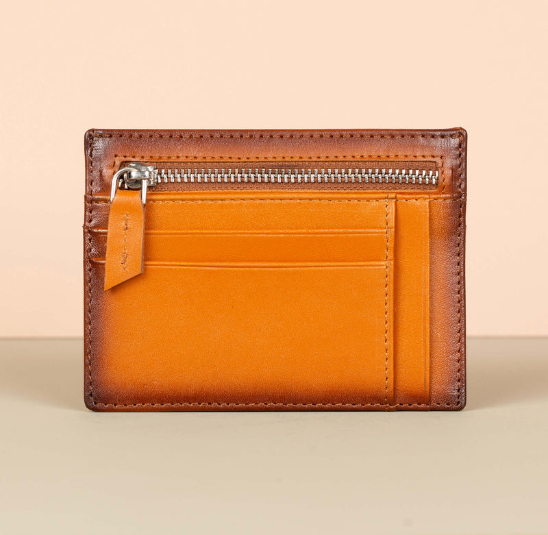Vibrant Leather Card Holder with Zipper Pocket - Caramel Brown - Concord