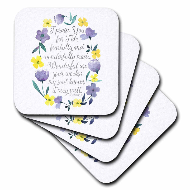 3dRose Noonday Design - Floral - Fearfully and Wonderfully Made Scripture with Watercolor Flowers - Coasters
