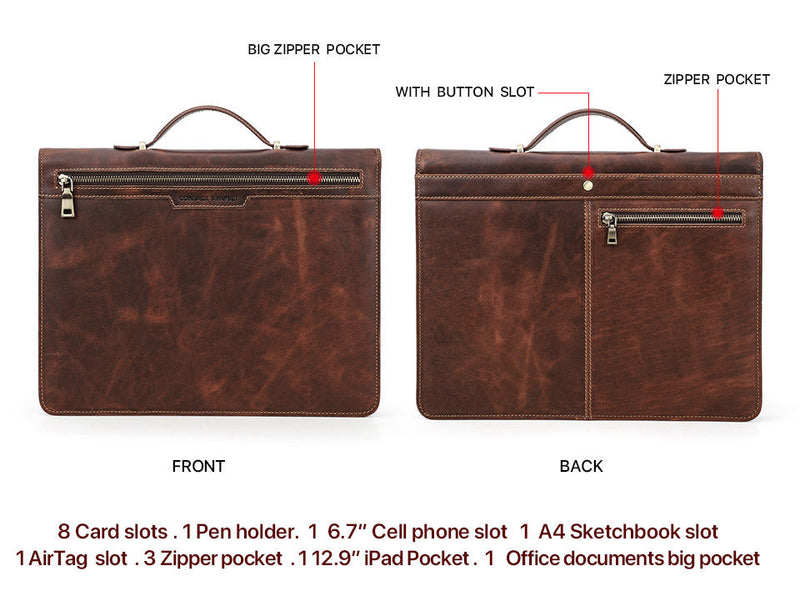 Handmade Genuine Leather Case,  AirTag Compartment, Handheld Multi-Functional iPad Cover