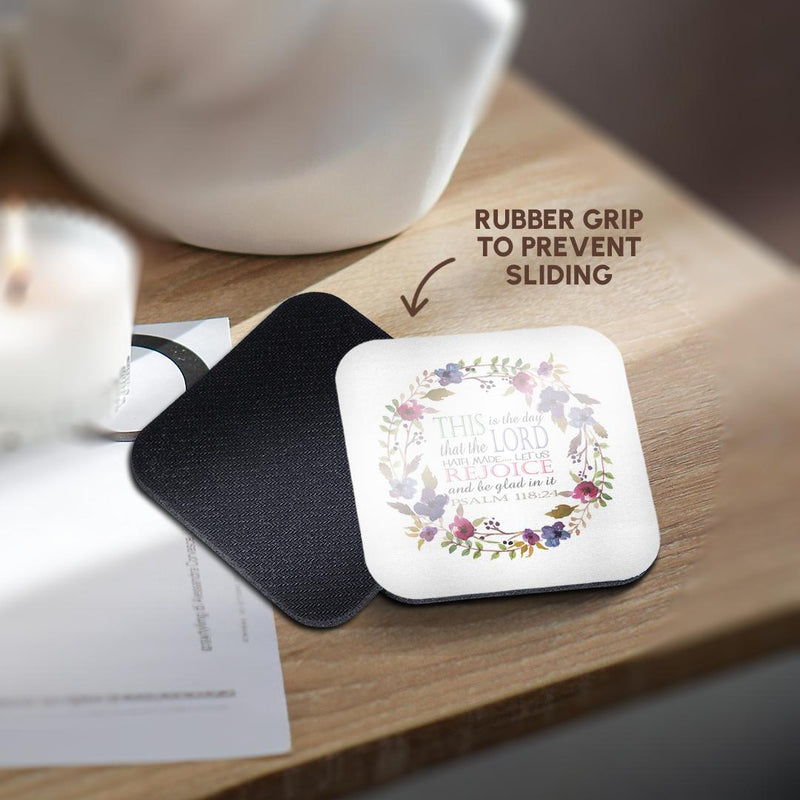 3dRose TNMGraphics Scripture - Psalm 118 Floral Wreath This is The Day The Lord Has Made - Coasters