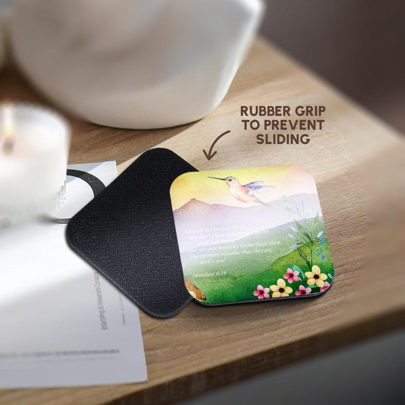 3dRose TNMGraphics Scripture - Matthew 6 Birds of The Sky Neither Sow nor Reap - Coasters