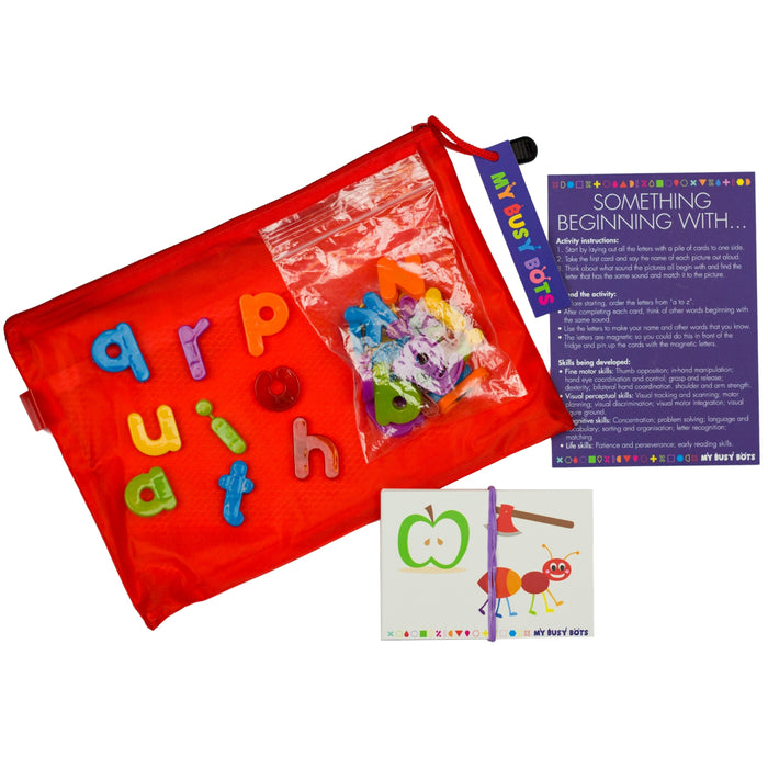 Something Beginning With - My Busy Bots Bag of letters and sounds, perfect for learning those pre reading skills, while also building fine motor skills