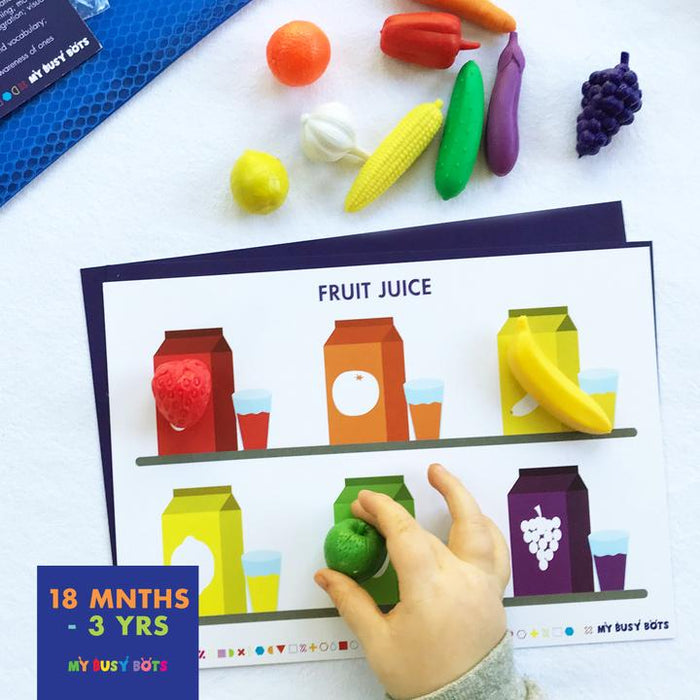 Easy Peasy Lemon Squeezy - My Busy Bots Bag aids in development in learning fruits, vegetables & squeezing skills