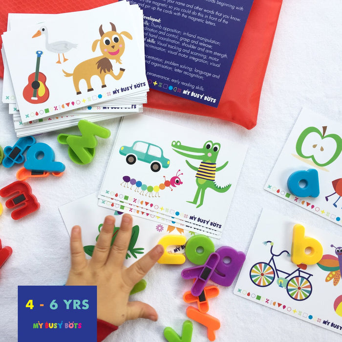 Something Beginning With - My Busy Bots Bag of letters and sounds, perfect for learning those pre reading skills, while also building fine motor skills