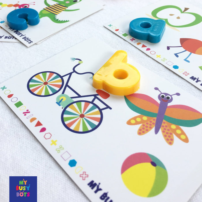 Something Beginning With - My Busy Bots Bag of letters and sounds, perfect for learning those pre reading skills, while also building fine motor skills