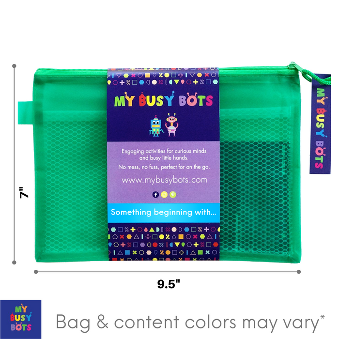 Something Beginning With - My Busy Bots Bag of letters and sounds, perfect for learning those pre reading skills, while also building fine motor skills