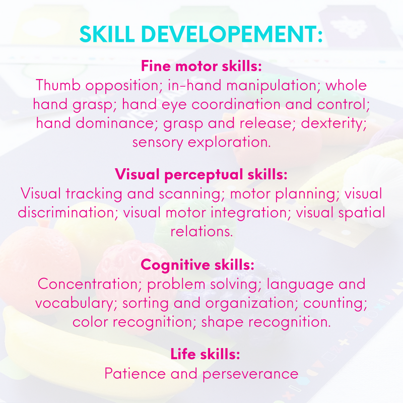 Easy Peasy Lemon Squeezy - My Busy Bots Bag aids in development in learning fruits, vegetables & squeezing skills